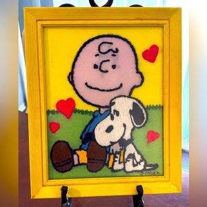 Charlie Brown Snoopy Love Needlepoint Embroidery Framed 11" x 9" from 1970's